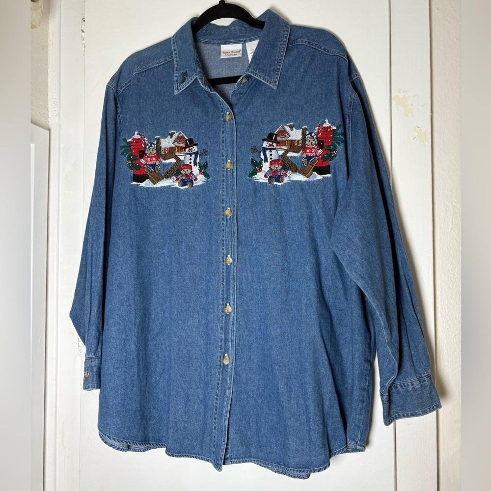 Bobbie Brooks Blue Denim Shirt with Embroidered Christmas Teddy Bears Size 18/20 - Picture 1 of 16